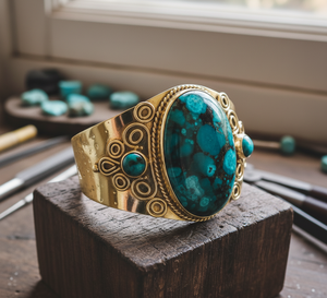 Rudra อัญมณี14K ชุบทองธิเบตสร้อยข้อมือผู้ชายโบฮีเมียนทำมือธรรมชาติ chrysocolla Cabochon ครบรอบ - Product Image 1