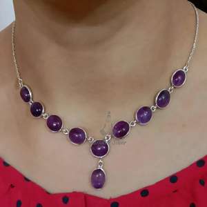 Collier élégant en argent sterling 925 avec pierre précieuse améthyste ovale violette naturelle, fait main, pierre de naissance de février, bijoux en cristal - Product Image 1