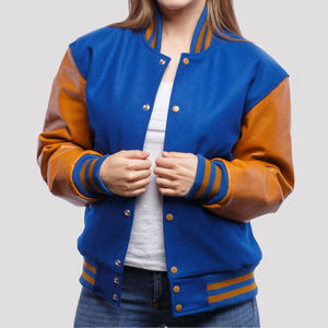 Veste universitaire en laine 100% avec manches en cuir, bleu et tan, personnalisable, unisexe, style baseball, bomber, fabricant OEM - Product Image 1