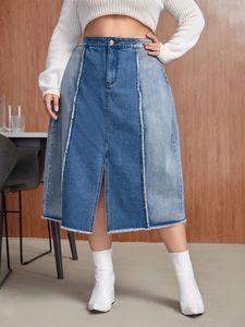 Falda midi vaquera de cintura alta para mujer, corte en A, color liso, con abertura frontal, estilo casual, tela de algodón desgastada, estilo veraniego - Product Image 6