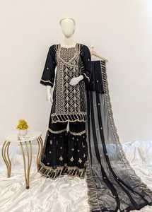 Vêtements indiens pakistanais en mousseline de soie entièrement lourde brodée Anarkali Daman manches brodées coupe bordure 50 pouces Ghera dentelle - Product Image 6