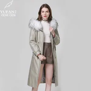 YuFan Custom 2023 OEM ODM New Light Matcha Parka Fox Fur Collar High End Parka Long Drawstring Winter Coat For Lady