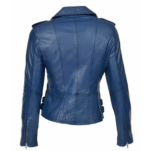 Chaqueta de Mujer Azul de Piel de Cordero Genuina, Transpirable, Resistente al Viento, con Cierre de Cremallera, Estilo Motero, Corte Ajustado, Cuello Mao - Product Image 2