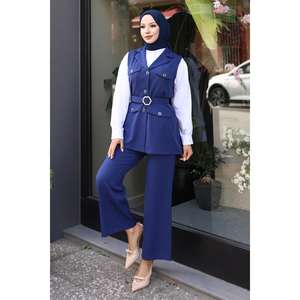 Conjunto de Chaleco Casual Detallado Indigo MSW19249-2, Blazer Largo, Pantalones Midi, Logotipo Personalizable, Patrón Sólido, Tweed Tejido, Chifón - Product Image 3