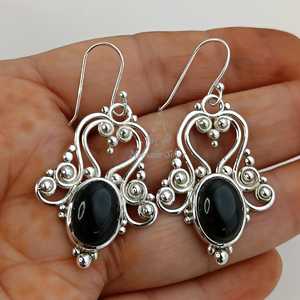 Black <b>Onyx</b> <b>Earrings</b>, 925 Sterling Silver Oval Dangle Handmade Boho Jewelry - Product Image 1