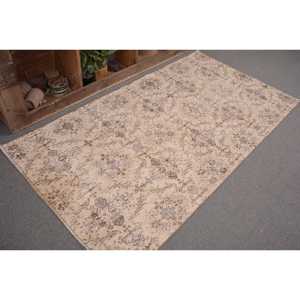 Alfombra de lana turca Vintage de 3,6x6,6 pies, tejido plano de retazos beige y marrón para decoraciones de sala de estar con respaldo de látex - Product Image 5