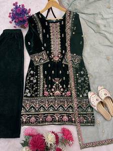 Ensemble Kurti Pantalon Dupatta en velours brodé pour femmes Vert foncé Vêtements ethniques Tenue de soirée pour femmes - Product Image 5