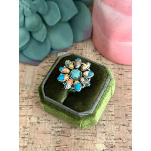 Bague ajustable en argent sterling multi-pierres faite à la main du sud-ouest, style bohème géométrique sertie clos - Product Image 4