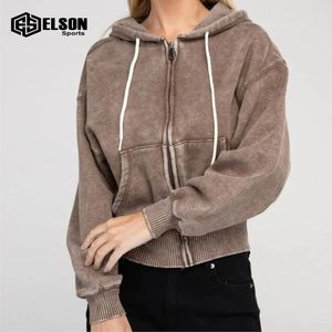 Sudadera con capucha con lavado ácido de último diseño, sudadera blanqueada, cremallera de gran tamaño, tela transpirable gris - Product Image 1