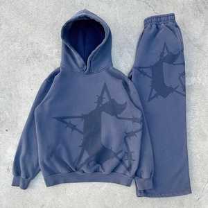 Pantalon de survêtement 100% coton personnalisé lourd ensemble à capuche solide Streetwear survêtement imprimé conception grande taille hiver mode basse - Product Image 1