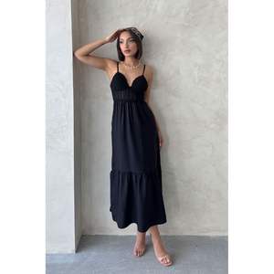 Vestido Casual al por Mayor Topshow, Diseño Largo de Lino Negro con Tirantes y Cuello en V - Product Image 5