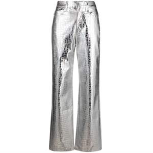 Birger Christensen Pantalon droit à taille haute en crocodile gaufré Finition métallisée Couture tonale Cinq poches Boucles de ceinture - Product Image 1