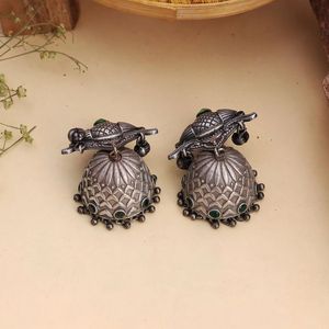 Oxidized <b>Silver</b> Green Stone <b>Jhumka</b> Earrings Traditional Indian Jewelry Gift for her - Product Image 3