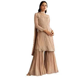 Ensemble Kurta Sharara en soie Georgette beige brodé avec des sequins et des motifs Cut Dana, pour mariage, fête, toutes saisons, personnalisé, culturel - Product Image 2