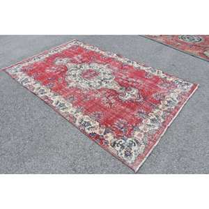 พรมขนสัตว์สีเบจสีแดงวินเทจขนาด5.6x9ฟุตงานแฮนด์เมดสไตล์ตุรกีผืนใหญ่พรมปูพื้นทรงสี่เหลี่ยม10มม. ดีไซน์แบบแอบสแตรก - Product Image 2