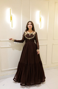 ชุดอนาร์กาลีสีน้ำตาลเข้ม ประดับด้วยงานฝีมือแบบอินเดียและปากีสถาน - Product Image 6