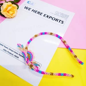 Handmade Beaded Hairband with Heart Shaped Floral Design in Pink Blue and Gold Ideal for Girls Ethnic Fashion Festive Styling - Product Image 4