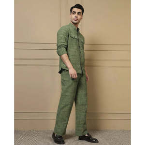 Amanush <b>Men's</b> Green Plaid Cotton Kurta Pant Set Mandarin Collar Full Sleeve Casual Summer Wear Breathable 2 Piece Set - Product Image 5