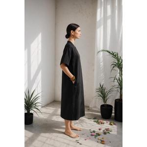 Robe kaftan en coton uni pour femmes, coupe ample, col en V, taille naturelle, écologique, longueur au sol, style bohème, été - Product Image 4