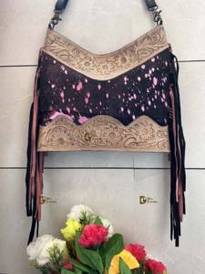 Real Leather <b>Boho</b> Fur Sling <b>Bag</b> Western Style Carved Tassel with Metallic Fringe Zipper Closure Handbags for Gifts - Product Image 6