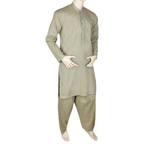 Shalwar Kameez Bordado para Hombre con Cuello de Banda - Verde - Product Image 1