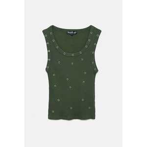 Blusa Casual de Corte Regular, 95% Algodón, Cuello Redondo, Manga Casquillo, Detalle de Ojales, Logotipo Frontal, Estilo Lavado, 220 Gramos - Product Image 6