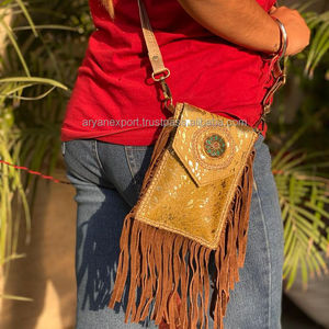 Real Handmade Metallic Fur <b>Leather</b> Fringe Bag Women Stylish Cowhide Fur Mobile Phone <b>Pouch</b> <b>Belt</b> Sling Shoulder Bag - Product Image 2