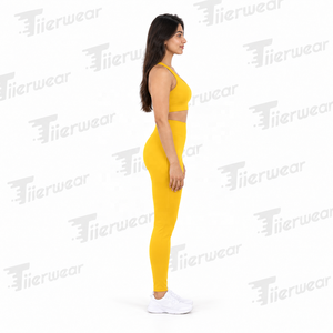 Ensemble de yoga pour femmes, soutien-gorge de sport en tricot extensible sans couture, leggings taille haute, ensemble de yoga jaune assorti en 2 pièces, col rond, longueur intégrale - Product Image 3