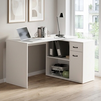 Bureau d'ordinateur moderne blanc avec étagères, bureau d'ordinateur en forme de L tout-en-un avec tiroirs, bureau et table pour laboratoire informatique universitaire