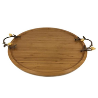 Plateau de service rond en bois moderne avec poignées décoratives en métal doré en forme d'orchidée Plateau de service en bois de bambou de haute qualité pour usage hôtelier
