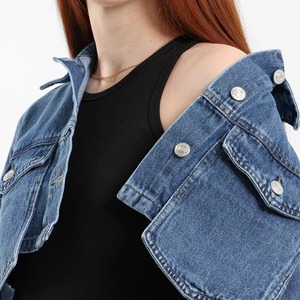 Vestes en jean bleu à prix de gros, mode vintage, lavées, pour femmes, col rabattu - Product Image 3