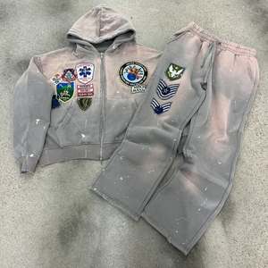 Best Quality Zip Up <b>Hoodie</b> Sweat Pant Acid Wash and Distressed Embroidery Oversized Men Sweat Suit 100%Cotton 450gsm - Product Image 5