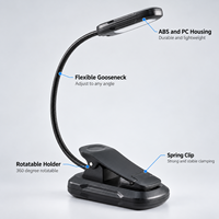 Lampe de lecture LED rechargeable par USB avec batterie 500 mAh, 3 couleurs de lumière, 5 niveaux de luminosité et col de cygne flexible