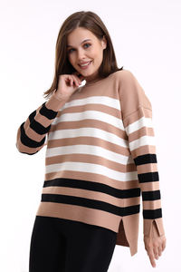 Women's Striped <b>Turtleneck</b> Tunic Breathable Knitwear Custom OEM Service Long Back New Fashion High Quality Warm Pullover - Product Image 5