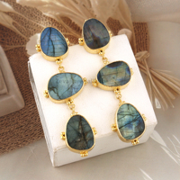 Boucles d'oreilles pendantes en labradorite naturelle, pierre précieuse plate, sertie, plaquées or, faites à la main, pour femmes