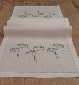 Tables de chemin personnalisées en gros de broderie de pissenlit vert de haute qualité en lin ivoire avec ourlet au point pour la maison et l'hôtel - Product Image 3