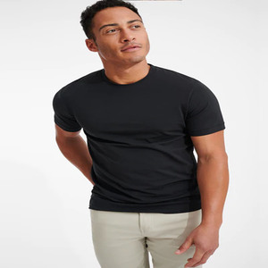 Camiseta de manga corta de Color sólido para hombres, camisa de LICRA de algodón liso con patrón impreso personalizado, Color negro, venta al por mayor - Product Image 3
