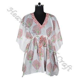 100% coton femmes vêtements de nuit main bloc imprimé caftan robe KFCS109 poids léger femmes décontracté Occasion porter courte Caftan robe - Product Image 2