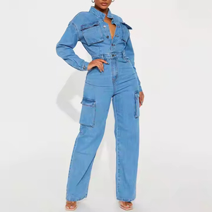 Mono Vaquero de algodón 100% personalizado de alta calidad para mujer, pantalones vaqueros Cargo multibolsillos de manga larga de talla grande transpirables - Product Image 6