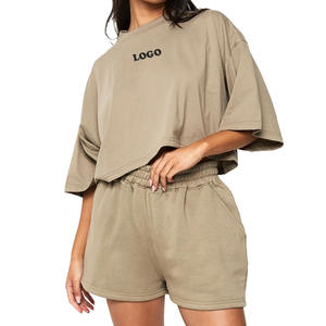 ชุดกางเกงขาสั้น2ชิ้นสำหรับผู้หญิงชุดกางเกงขาสั้นสำหรับผู้หญิงชุดสั้น2ชิ้นเสื้อครอปสำหรับใส่ในฤดูร้อนและจับคู่สีพื้นโลโก้ได้ตามต้องการ - Product Image 1