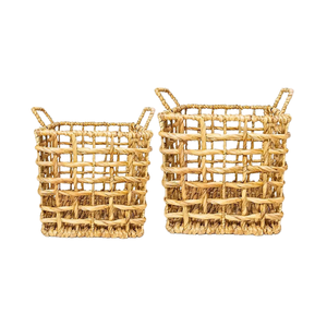 Cesta de almacenamiento de jacinto de agua redonda de bambú de ratán de algas marinas versátil con forro de algodón suave y asas ideales para cualquier habitación - Product Image 1