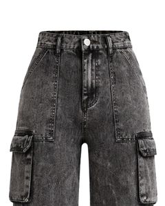 Manufacturer Custom <b>Women</b> High Waist Wide Leg Denim Cargo Pants Black Washed Multi Pocket Streetwear Casual Fashion <b>Jeans</b> - Product Image 5