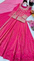 Ensemble Choli Dupatta Indien et Pakistanais pour Filles, Glamour pour Fêtes de Mariage Estivales, avec Broderie et Paillettes, en Soie Scintillante, Longueur Cheville