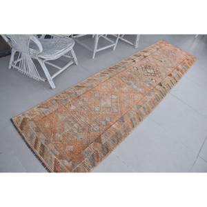 Vintage Turkish Rug, 2.7x10.3 ft Herki Rug, <b>Brown</b> Orange Floral <b>Wool</b> Rug - Product Image 2