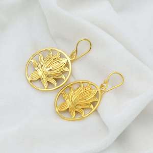 Trendy Lotus Flower <b>Dangle</b> <b>Earring</b> 18k <b>Gold</b> Plated Brass Flower <b>Dangle</b> <b>Earring</b> Vintage Ethnic Wholesale Drop <b>Earring</b> For Women - Product Image 3
