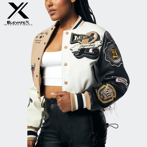 Women's Regular Solid Reversible Spring Varsity Jacket Black Leather Sleeves Fashionable Windproof Applique Patches Embroidered - Product Image 1