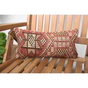 Brown Kilim Patchwork Wool Pillow Luxury 8x16 Inch Decorative Accent <b>Cushion</b> with Vintage <b>Leaves</b> Pattern for Sofas - Product Image 1