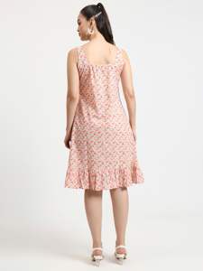 Sati Factory verano Casual Floral geométrico triángulo estampado vestido rosa Beige sin mangas suelta silueta volante dobladillo hasta la rodilla - Product Image 5