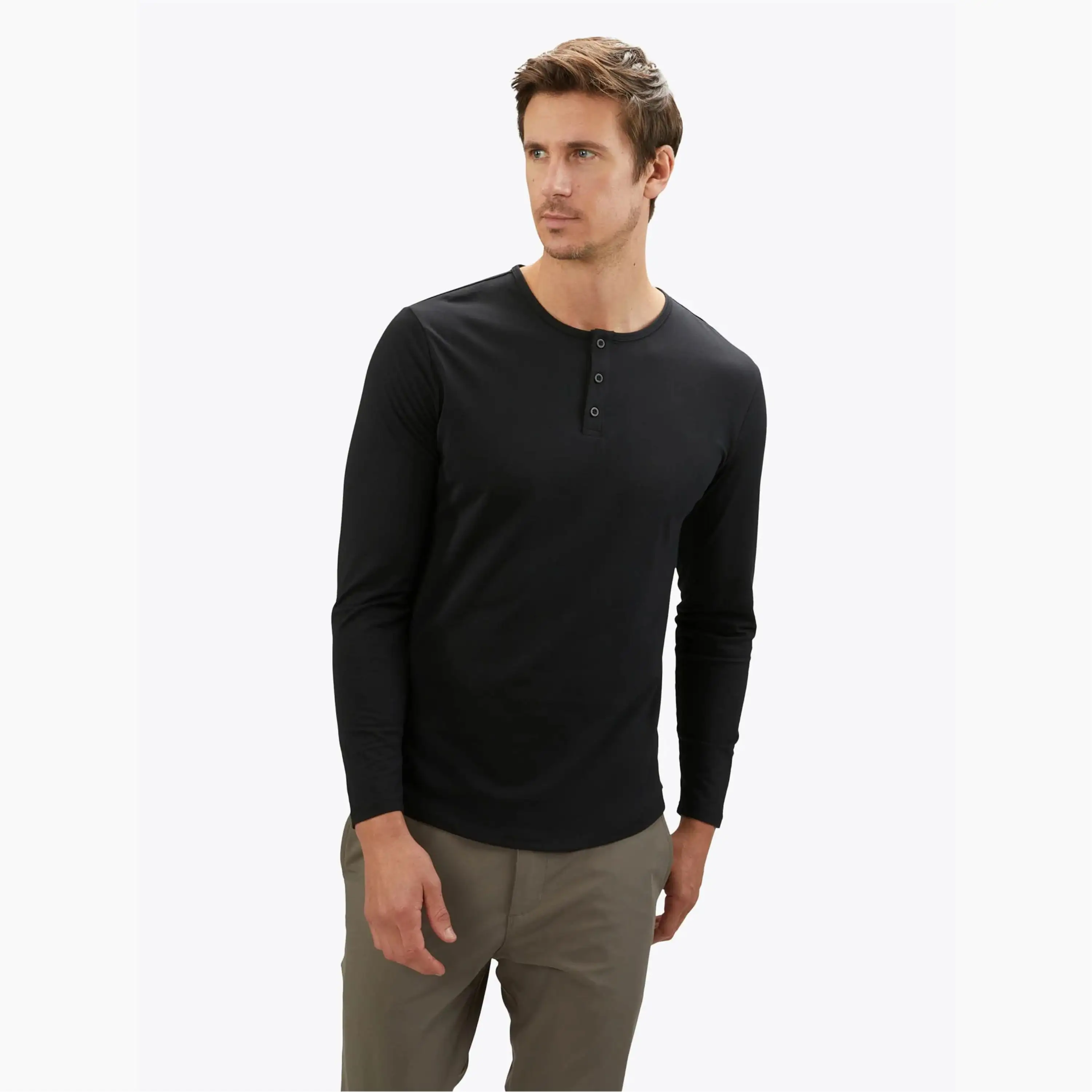 Custom Logo Buttery Soft 62% Polyester 33% Cotton 5% Spandex Signature Fit Long Sleeves Henley Curve Hem Black Shirt