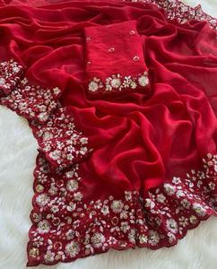 Dernière exclusivité indienne traditionnelle Crush soie Saree doux broderie séquence travail superbe ethnique mariée mariage Sari pour les femmes - Product Image 3